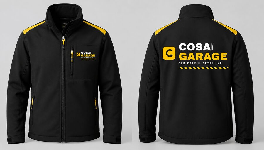 Cosai Garage black softshell jacket, front and back