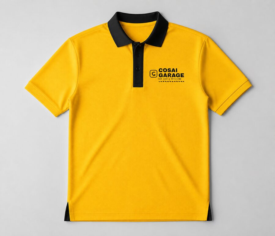Cosai Garage yellow polo shirt with the logo on the chest